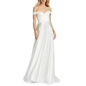 Mac Duggal White Bridal Off Shoulder Beaded A-Line Sweetheart Satin Gown 4